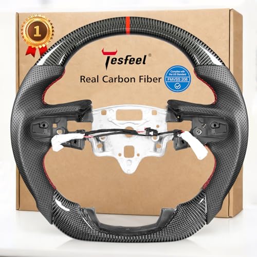 Tesfeel Carbon Fiber Steering Wheel Compatible with GMC Sierra 1500 (2022-2025) - Heated & Paddle Shifter Ready, Hand-Stitched Nappa Perforated Leather, D-Shape Flat Bottom Racing Design - Image 1