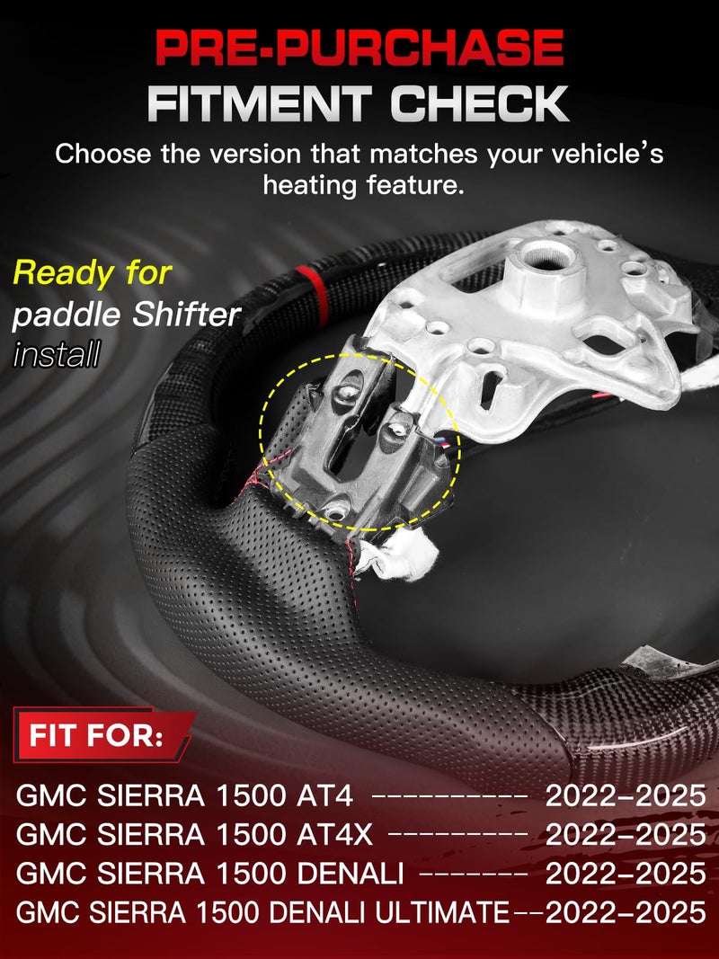 Tesfeel Carbon Fiber Steering Wheel Compatible with GMC Sierra 1500 (2022-2025) - Heated & Paddle Shifter Ready, Hand-Stitched Nappa Perforated Leather, D-Shape Flat Bottom Racing Design - Image 2