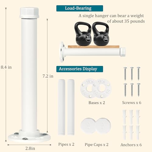 Cazzon Cast Iron Wall Mounted Clothes Rack Heavy Duty Industrial Pipe Clothing Rack for Hanging Clothes Garment Racks for Wardrobe Organizers and Storage DIY Closet Rods Closet Bar White 2 Pack 8 in - Image 3