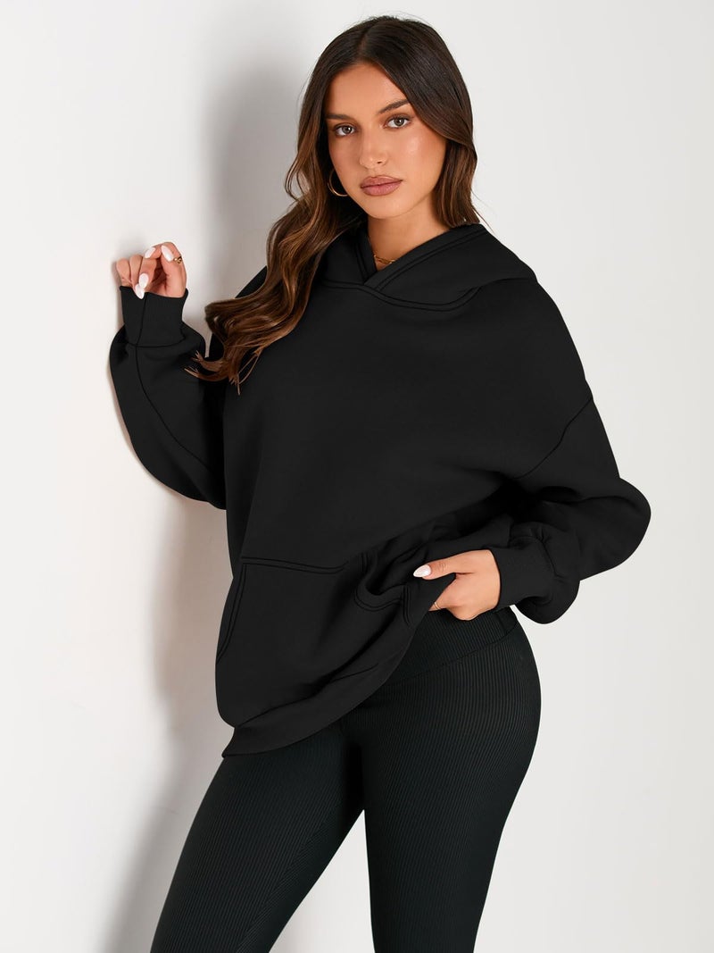 EFAN Women's Oversized Fleece Hoodie, Cozy Plush Pullover Sweatshirt with Pocket Black 2XL - Image 2