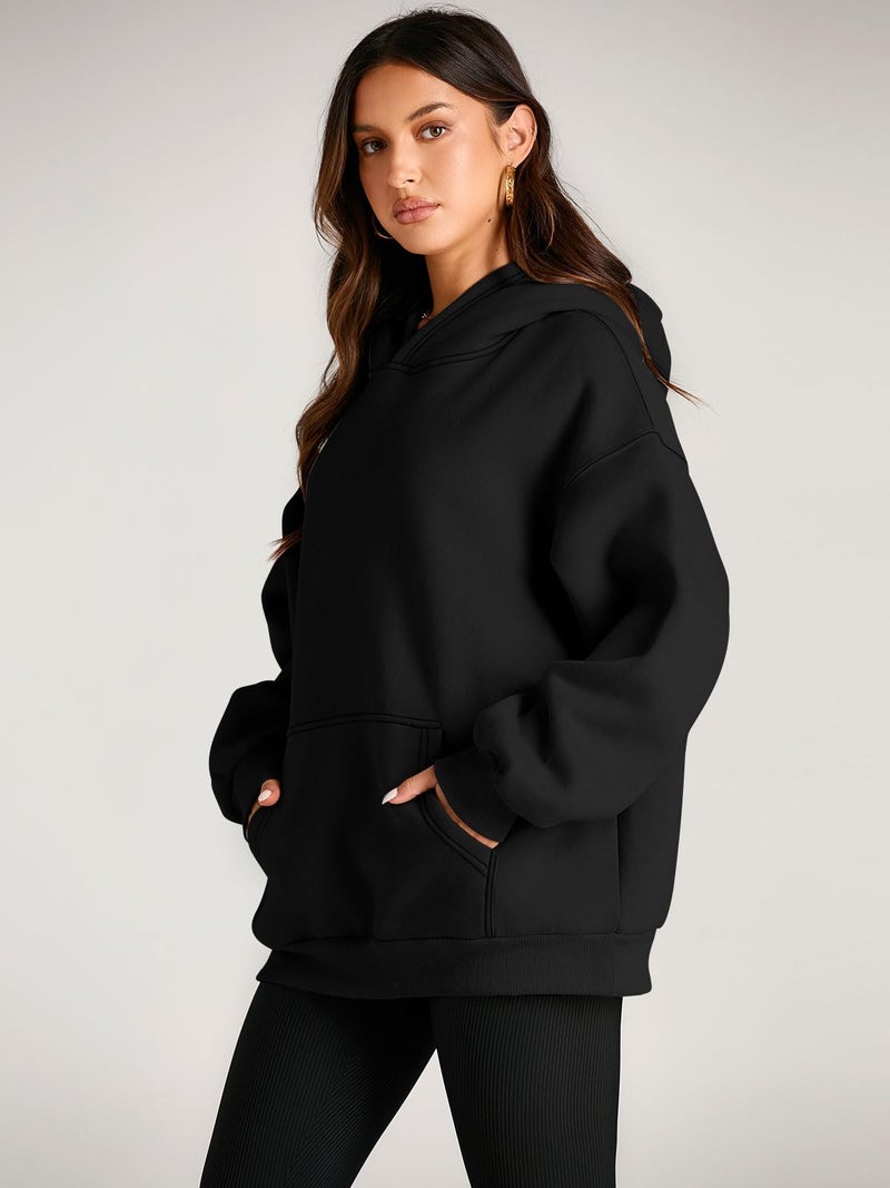 EFAN Women's Oversized Fleece Hoodie, Cozy Plush Pullover Sweatshirt with Pocket Black 2XL - Image 3