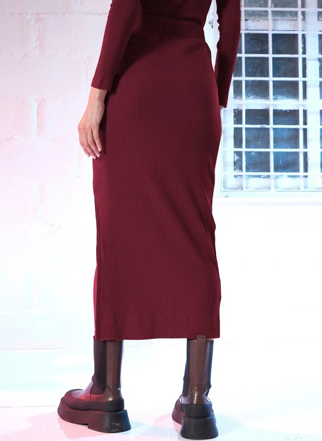 SASSAFRAS Maroon Self Design Pencil Midi Skirt for Women