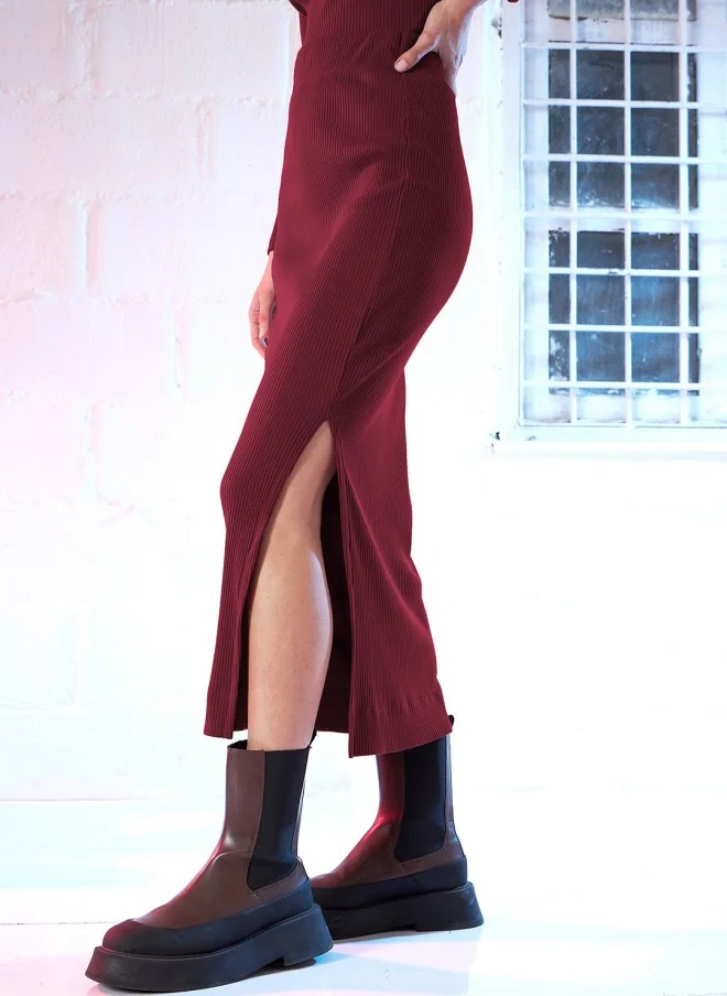 SASSAFRAS Maroon Self Design Pencil Midi Skirt for Women