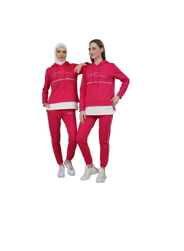 Lamora Lamora Women's Hooded Stylish Tracksuit Set | 2 PCS Full Tracksuit for Fashionable Comfort | Contrast Color Sleeve Jackets, Drawstring Sweatpants | Trendy Coordination for Casual Occasions. 