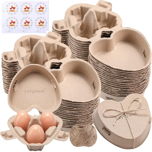 LayHyand 30 PCS Valentine Heart Shaped Egg Cartons with Labels, Easter Pulp Paper Egg Cartons 3 Count with Jute Rope, Cute Egg Basket Storage Container Holder, Lover Gift Chicken Eggs Crate - Image 1