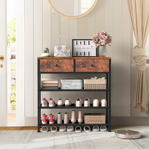 usikey Shoe Rack, 4 Tier Shoe Storage Organizer with 2 Drawers, Metal Shoe Shelf for 9-12 Pairs of Shoes, with 3 Oxford Fabric Shelves and Wooden Top, Shoe Stand for Closet Entryway, Rustic Brown - Image 2