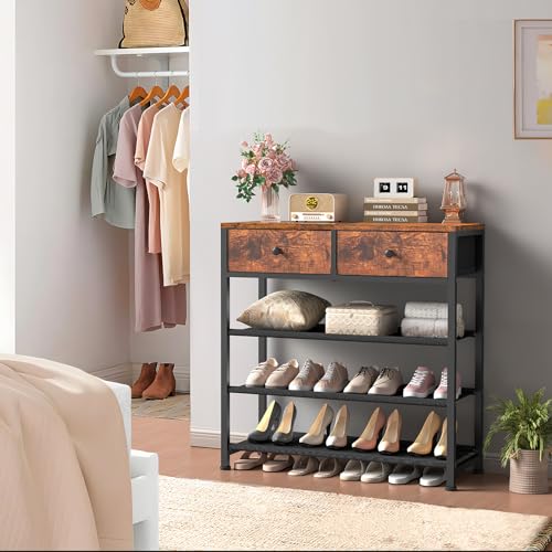 usikey Shoe Rack, 4 Tier Shoe Storage Organizer with 2 Drawers, Metal Shoe Shelf for 9-12 Pairs of Shoes, with 3 Oxford Fabric Shelves and Wooden Top, Shoe Stand for Closet Entryway, Rustic Brown - Image 4