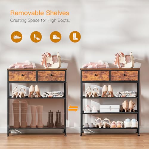 usikey Shoe Rack, 4 Tier Shoe Storage Organizer with 2 Drawers, Metal Shoe Shelf for 9-12 Pairs of Shoes, with 3 Oxford Fabric Shelves and Wooden Top, Shoe Stand for Closet Entryway, Rustic Brown - Image 5