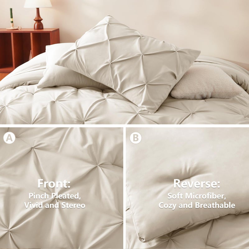 HIMEET Pintuck Bed in a Bag, 7 Pieces Queen Size Comforter Set Beige, Luxury Pinch Pleat Bed in a Bag, Soft All Season Bedding Sets with Comforter, Flat Sheet, Fitted Sheet and Pillowcases & Shams - Image 3