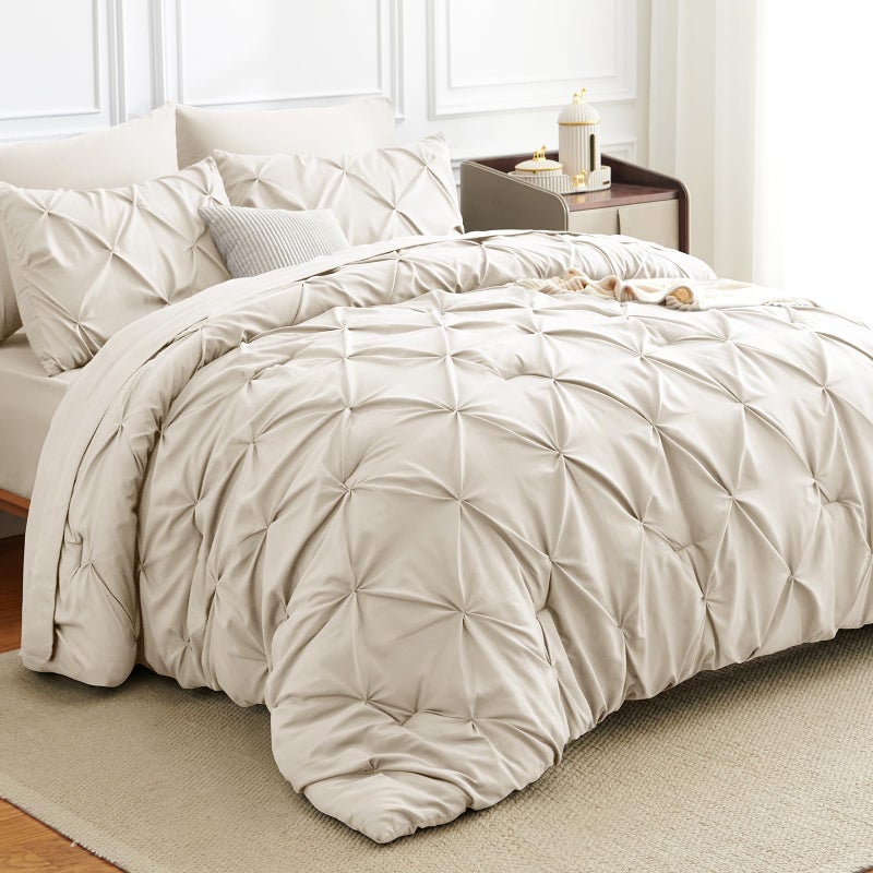 HIMEET Pintuck Bed in a Bag, 7 Pieces Queen Size Comforter Set Beige, Luxury Pinch Pleat Bed in a Bag, Soft All Season Bedding Sets with Comforter, Flat Sheet, Fitted Sheet and Pillowcases & Shams - Image 1