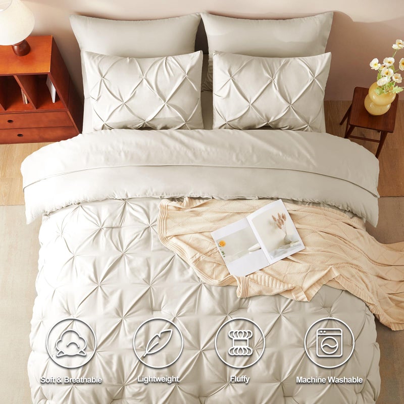 HIMEET Pintuck Bed in a Bag, 7 Pieces Queen Size Comforter Set Beige, Luxury Pinch Pleat Bed in a Bag, Soft All Season Bedding Sets with Comforter, Flat Sheet, Fitted Sheet and Pillowcases & Shams - Image 2