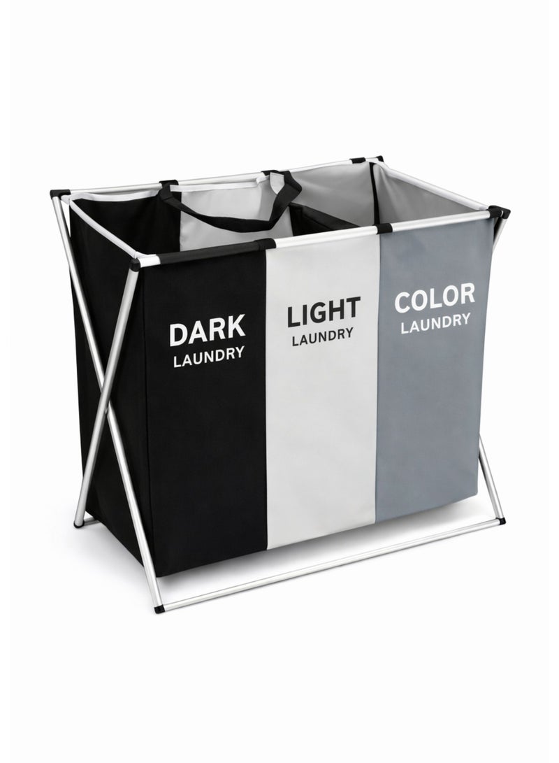 TSUMAB 3-Compartment Laundry Basket with Foldable Metal Frame – Large Capacity Clothes Sorter Hamper for Dark, Light & Colored Laundry - Image 1