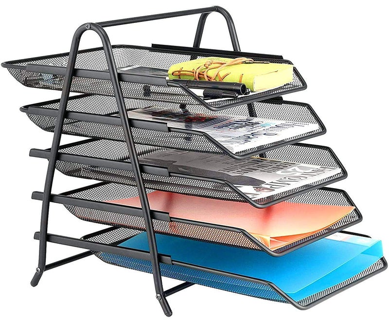 PRANIJ Metal Mesh 5 Tier Desk Organiser A4 Paper File Rack Letter Tray Document Holder For Office, Black - Image 3