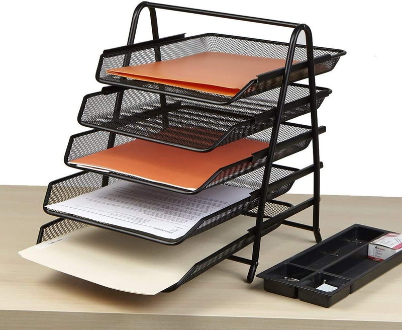 PRANIJ Metal Mesh 5 Tier Desk Organiser A4 Paper File Rack Letter Tray Document Holder For Office, Black - Image 5