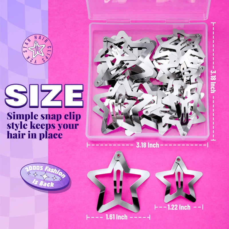 YGDZ Star Hair Clips and Barrettes Set - 20 pcs 1.22" Y2K Hair Accessories, 10 pcs 1.61" Silver Clips for Girls Women, Rave Accessories, Non-Slip Metal Snap Hair Clips - Image 2