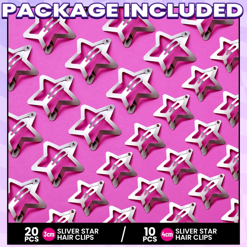 YGDZ Star Hair Clips and Barrettes Set - 20 pcs 1.22" Y2K Hair Accessories, 10 pcs 1.61" Silver Clips for Girls Women, Rave Accessories, Non-Slip Metal Snap Hair Clips - Image 3