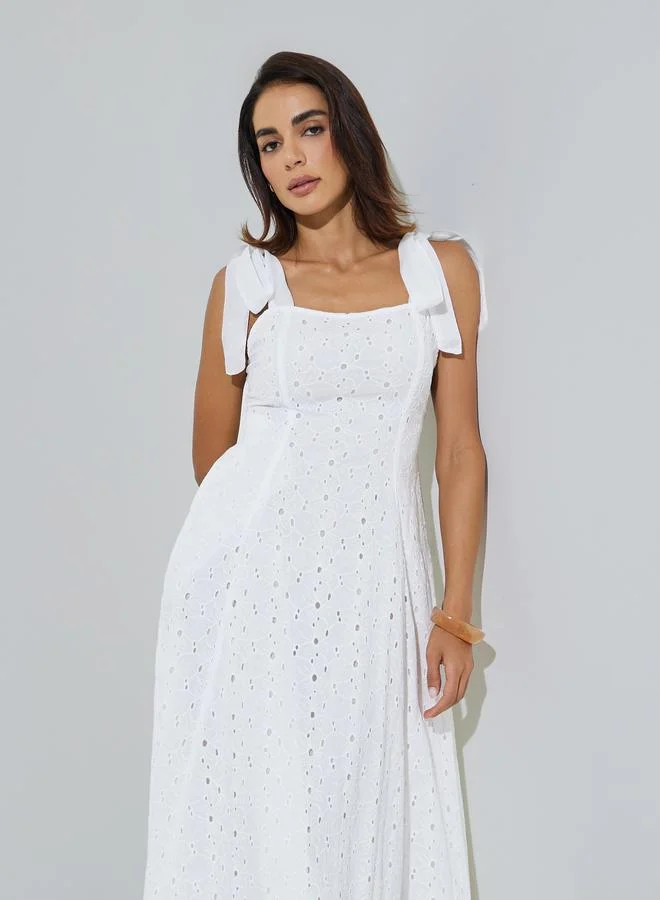 Styli White Cotton Schiffli A-Line Maxi Dress with Tie-Strap