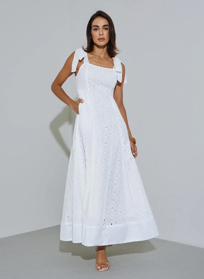 Styli White Cotton Schiffli A-Line Maxi Dress with Tie-Strap