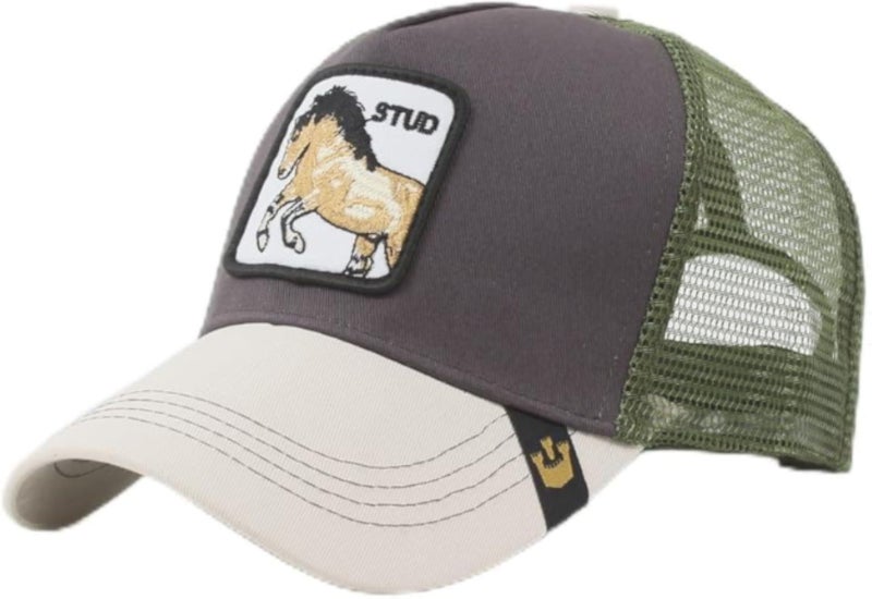 Mesh Trucker Baseball Cap with Horse Patch, Grey and Olive Green, Adjustable Snapback