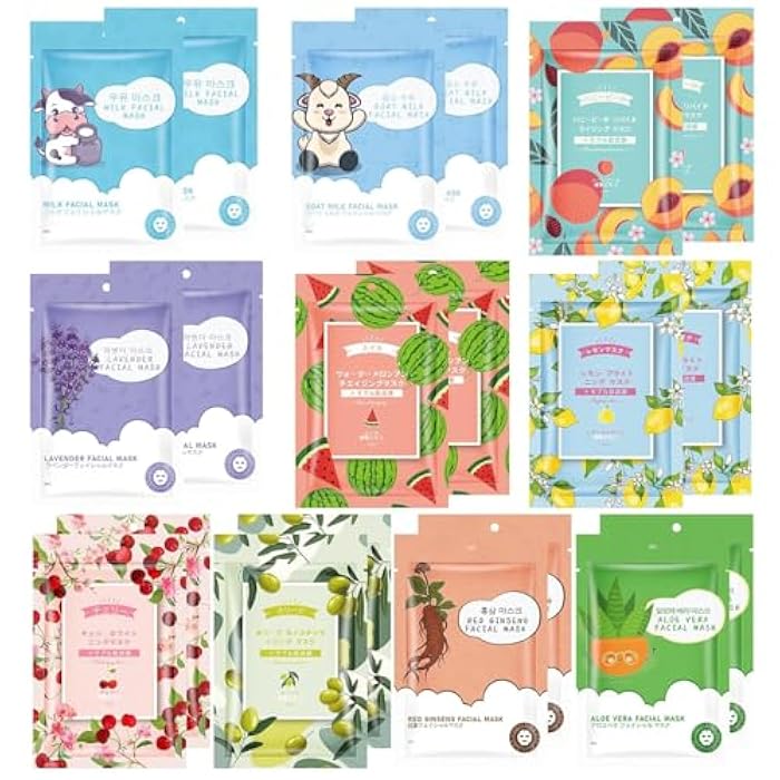 GUOYAOLIFU 20 Sheets Face Masks Skincare,Hydrating Face Masks Suitable for All Skin Types,Facial Masks for Women Skin Care, Soothe and Moisture Face Sheet Masks for Spa - Image 1
