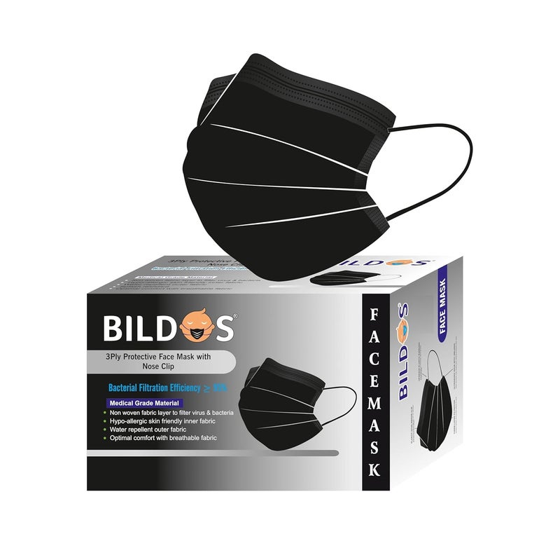 Bildos Melt-Blown Fabric 200 Pieces 3 Layer Disposable Face Mask with Nose Clip for Men & Women For Home, Office, School, and Outdoors, Black - Image 1