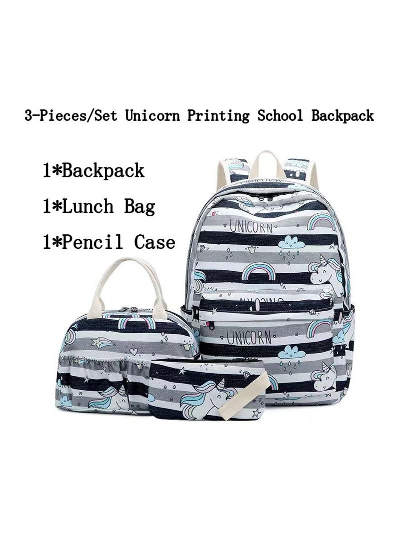 3-Pieces/Set Unicorn Printing School Backpack,Teen Girls Bookbag with Lunch Bag and Pencil Case