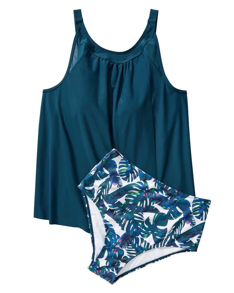 SUUKSESS Women Slimming Tummy Control Tankini Bathing Suits Ruffle High Waisted High Neck 2 Piece Swimsuits(Blue Floral,M) - Image 3