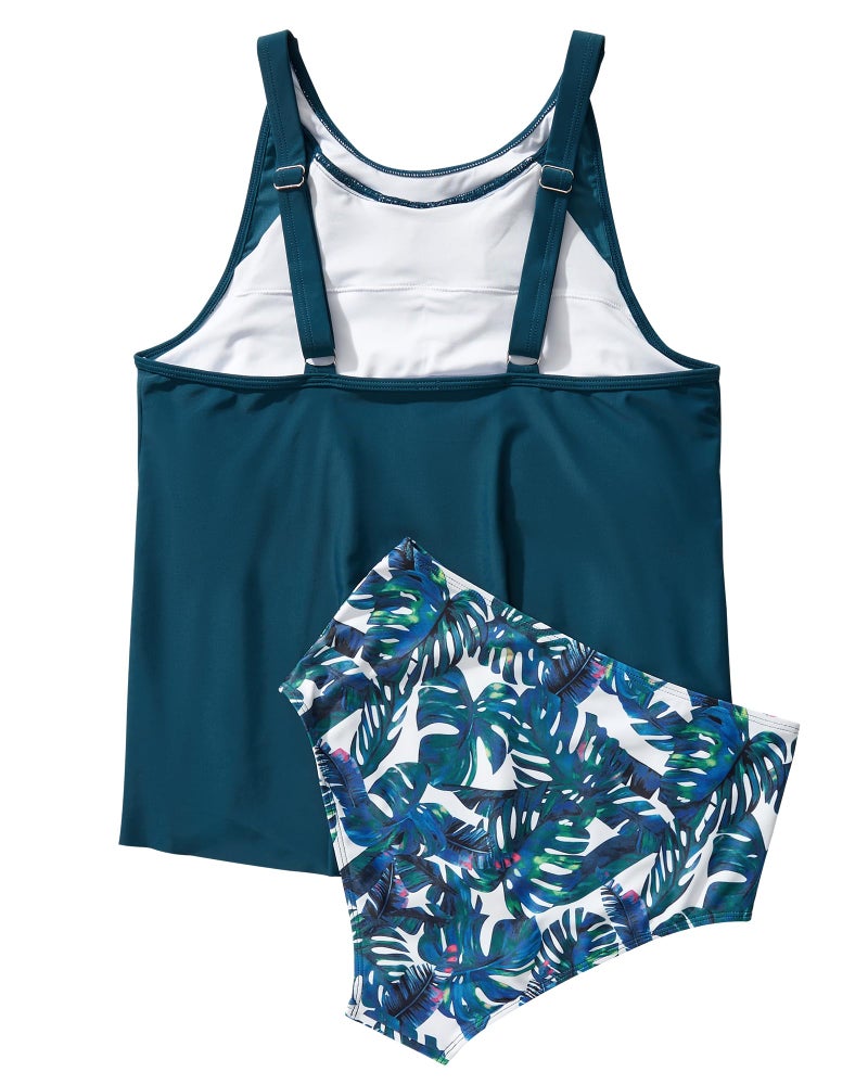 SUUKSESS Women Slimming Tummy Control Tankini Bathing Suits Ruffle High Waisted High Neck 2 Piece Swimsuits(Blue Floral,M) - Image 4