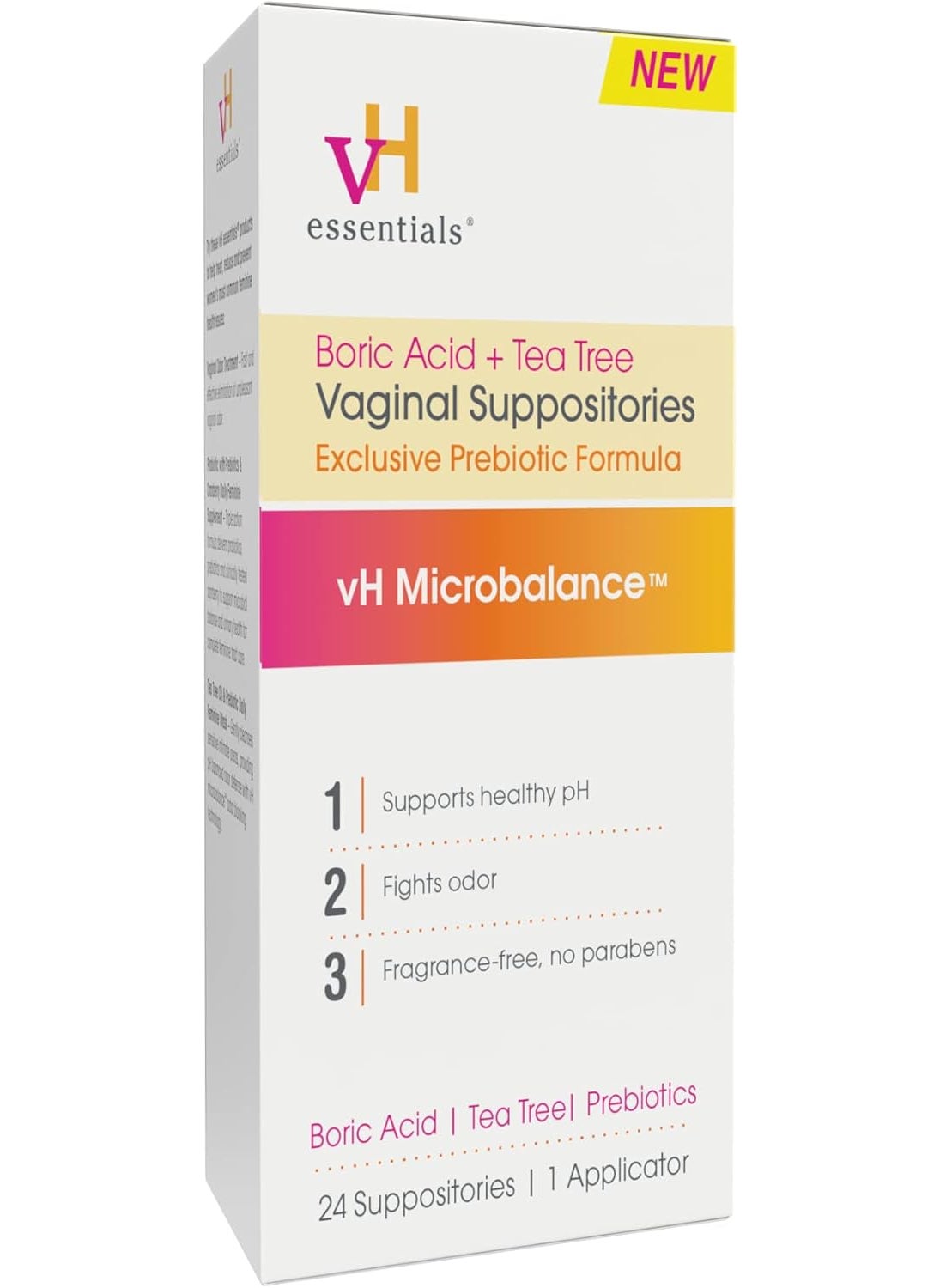 vH Essentials vH essentials Boric Acid and Tea Tree Vaginal Suppositories - Prebiotics Formula with Lactic Acid - PH Balance, Odor Control, Feminine Care - 24 Suppositories and Applicator, White, 2.4 Ounces 