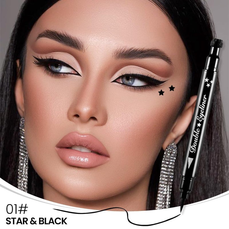 Rinpoche 2 in 1 Eyeliner Pen Waterproof with Makeup Star Shape Stamp Doubleheaded Liquid Tattoo Eyeliner for Eye Decoration Black Pack Of 1 - Image 2