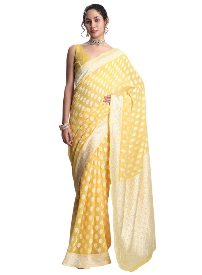 Janasya Janasya Women's Yellow Silk Blend Floral Woven Design Banarasi Saree with Blouse Piece (SAR632) - Image 1