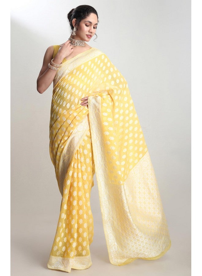 Janasya Janasya Women's Yellow Silk Blend Floral Woven Design Banarasi Saree with Blouse Piece (SAR632) - Image 2