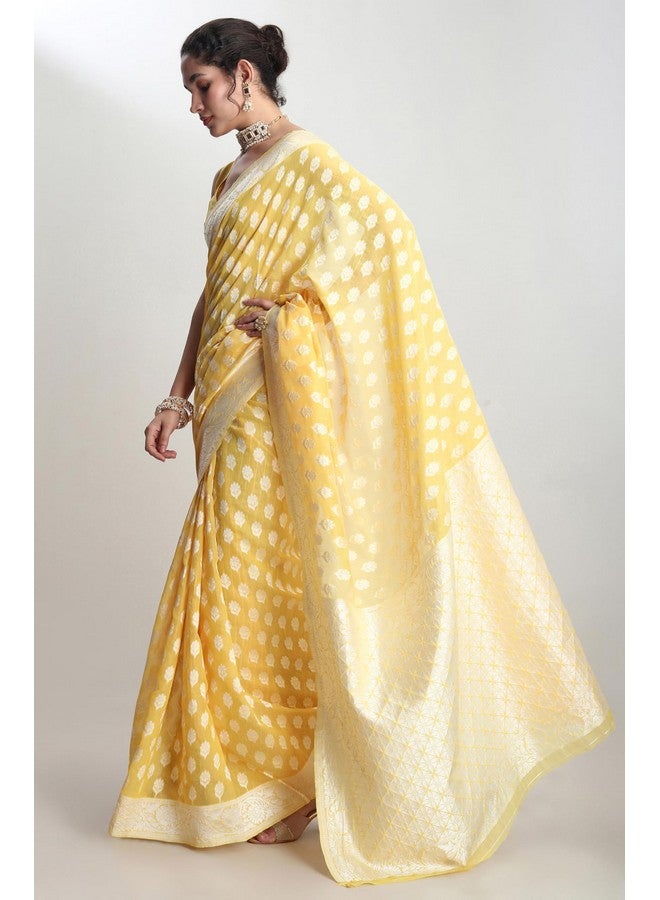 Janasya Janasya Women's Yellow Silk Blend Floral Woven Design Banarasi Saree with Blouse Piece (SAR632) - Image 5