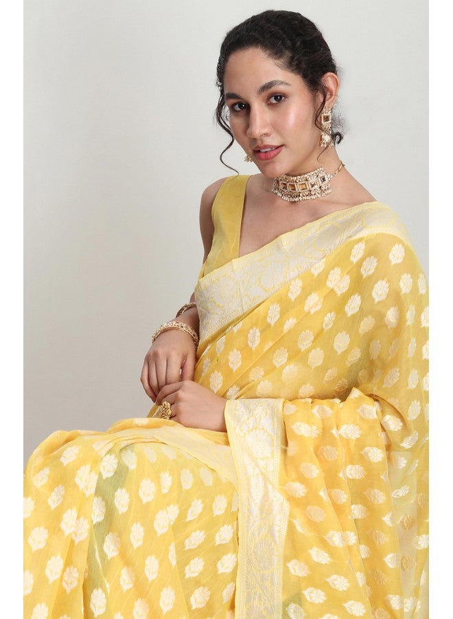 Janasya Janasya Women's Yellow Silk Blend Floral Woven Design Banarasi Saree with Blouse Piece (SAR632) - Image 4