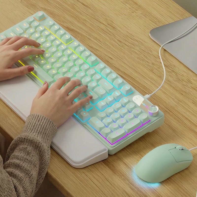 EWEADN C98 Wired Keyboard and Mouse Combo, Wired Computer Keyboards with Wrist Palm, Double-Shot Keycaps, Silent RGB Backlight Keyboard for Windows/MAC/PC (Green) - Image 1