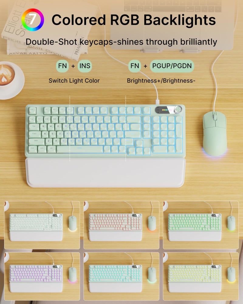 EWEADN C98 Wired Keyboard and Mouse Combo, Wired Computer Keyboards with Wrist Palm, Double-Shot Keycaps, Silent RGB Backlight Keyboard for Windows/MAC/PC (Green) - Image 2