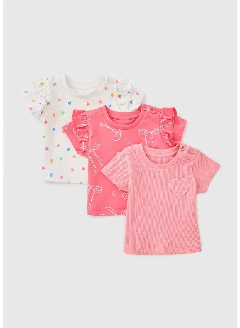 Matalan 3 Pack Baby Pink Heart Bow T-Shirts