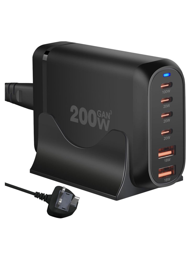 VIUAUAX 200W USB C Charger, GaN Fast Charger, 6-Port Fast Charger 4 Type-C Ports (100W,3 x 20W) and 2 USB Ports (QC18W) Charger Power Adapter for MacBook, iPad, iPhone 15 14 13 12, Galaxy（Black）  - Image 1