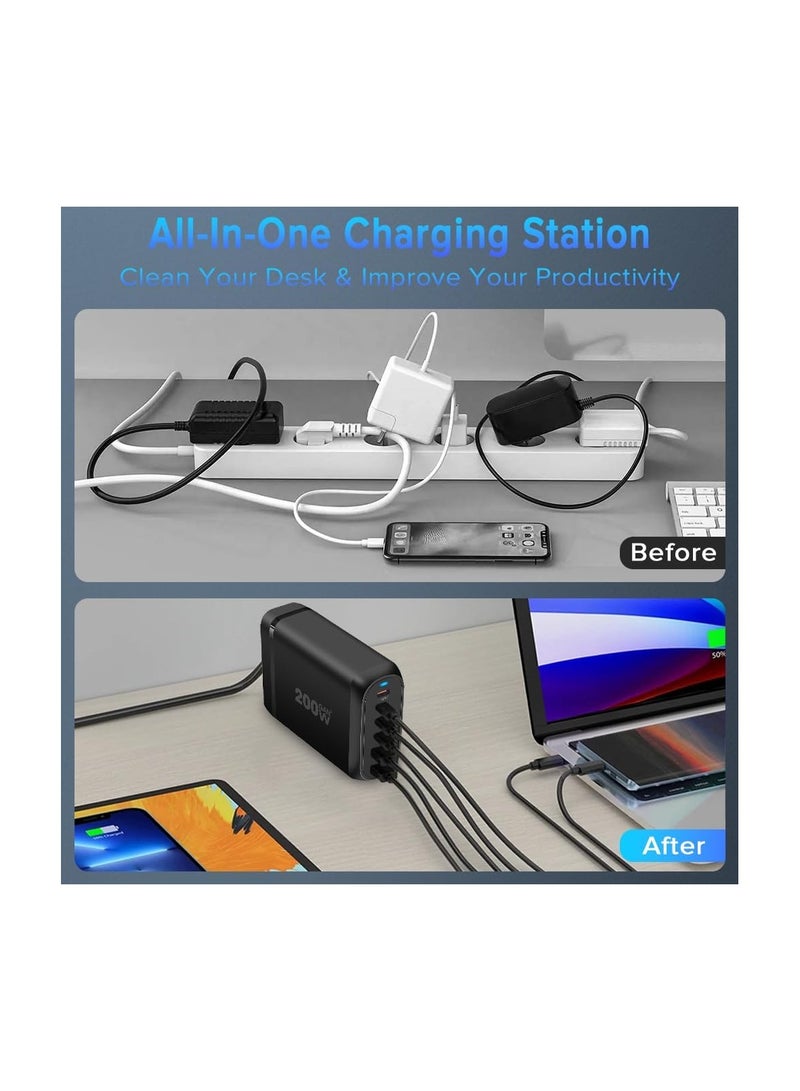 VIUAUAX 200W USB C Charger, GaN Fast Charger, 6-Port Fast Charger 4 Type-C Ports (100W,3 x 20W) and 2 USB Ports (QC18W) Charger Power Adapter for MacBook, iPad, iPhone 15 14 13 12, Galaxy（Black）  - Image 4