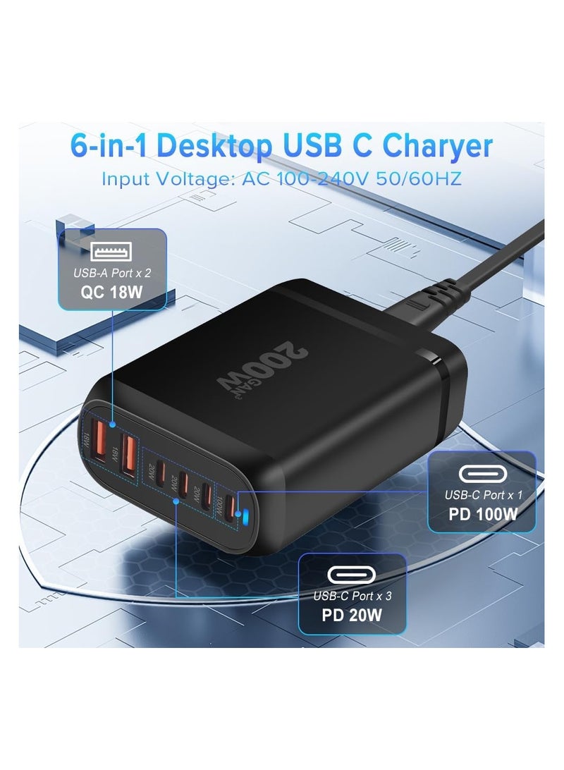 VIUAUAX 200W USB C Charger, GaN Fast Charger, 6-Port Fast Charger 4 Type-C Ports (100W,3 x 20W) and 2 USB Ports (QC18W) Charger Power Adapter for MacBook, iPad, iPhone 15 14 13 12, Galaxy（Black）  - Image 3