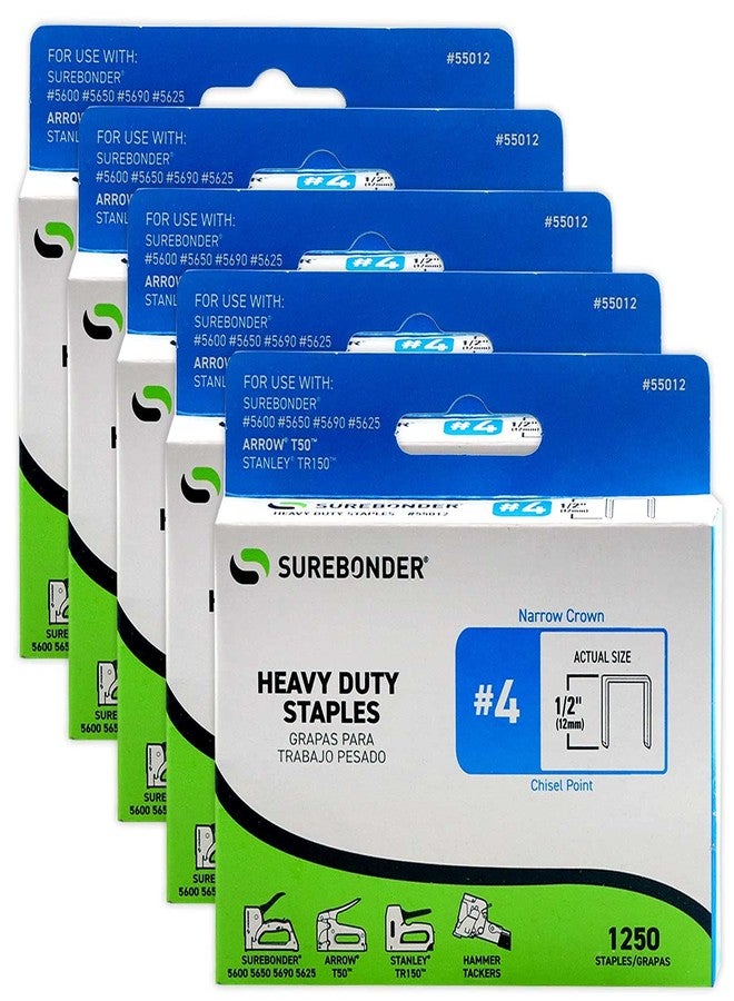 Surebonder 55012#4 Heavy Duty Narrow Crown Staples - 1/2" Length - 1250/box, 5 Pack - Image 1