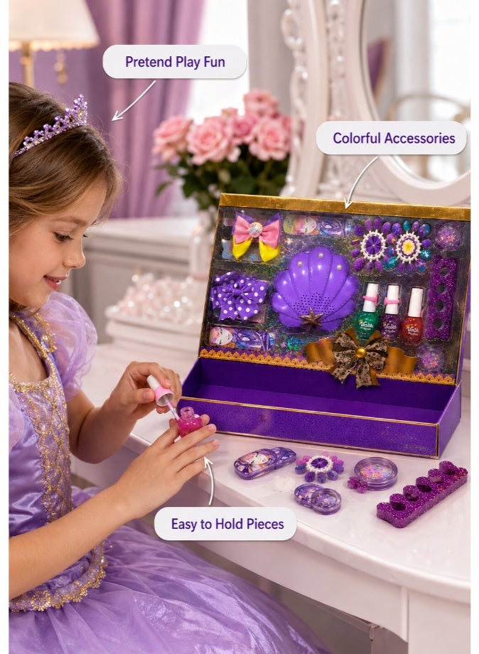 DAT Princess Makeup Pretend Play Set for Girls with Shell Compact, Hair Accessories & Nail Polish – Creative Beauty Toy Gift - Image 5