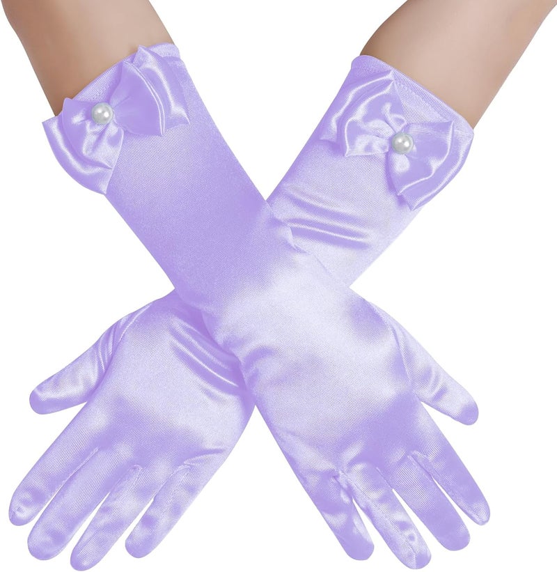 Yolyoo Girls Princess Gloves,Girl White Long Satin Princess Dress Up Diamonds Bows Gloves for Birthday,Wedding, Costume Party - Image 1