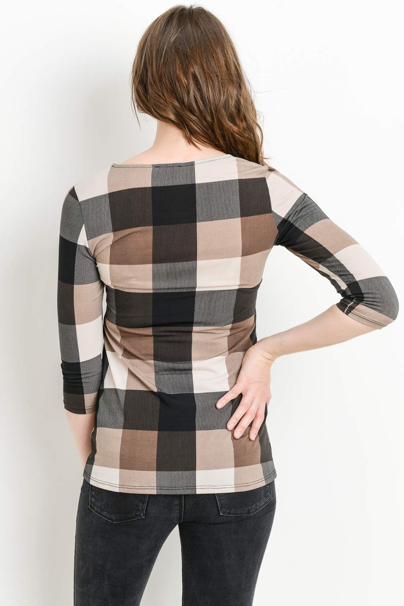 LaClef Womens Shirt Round Neck 3/4 Sleeve Front Pleat Peplum Maternity Top (Brown Plaid, Small) - Image 4
