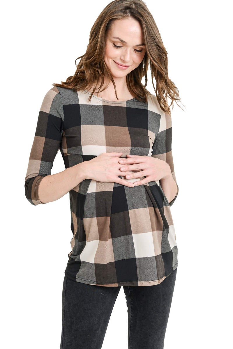LaClef Womens Shirt Round Neck 3/4 Sleeve Front Pleat Peplum Maternity Top (Brown Plaid, Small) - Image 1