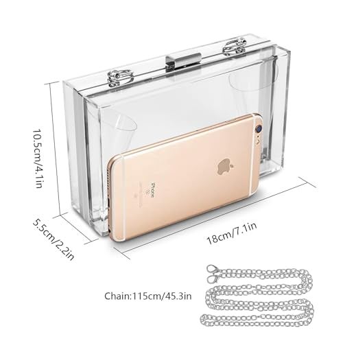 WJCD Women Clear Purse Acrylic Box Clutch Handbag, Small Transparent Crossbody Evening Bag Stadium Approved Gold Chain Strap (Silver) - Image 2