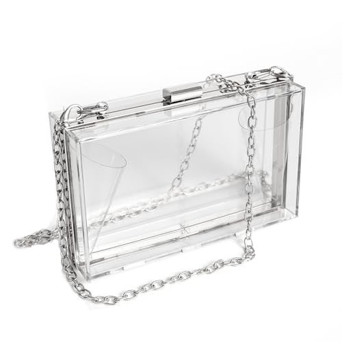 WJCD Women Clear Purse Acrylic Box Clutch Handbag, Small Transparent Crossbody Evening Bag Stadium Approved Gold Chain Strap (Silver) - Image 1