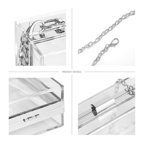 WJCD Women Clear Purse Acrylic Box Clutch Handbag, Small Transparent Crossbody Evening Bag Stadium Approved Gold Chain Strap (Silver) - Image 3