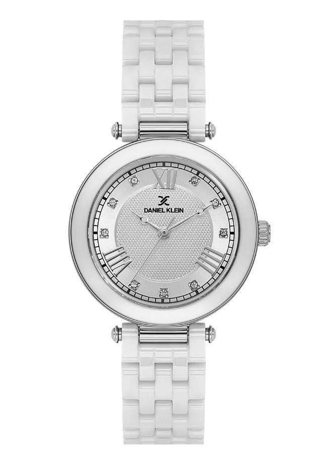 Daniel Klein Women's Ceramic Band Silver Steel Case Analog Silver Round Emboss Dial Japanese Quartz Premium 30 Meters Water Resistant