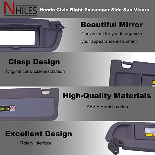NHILES Atlas Gray Left &Right Side Sun Visor Compatible with Honda Civic 2006 2007 2008 2009 2010 2011 Replaces# 83230-SNA-A01ZA 83230-SNA-A01ZB - Image 3